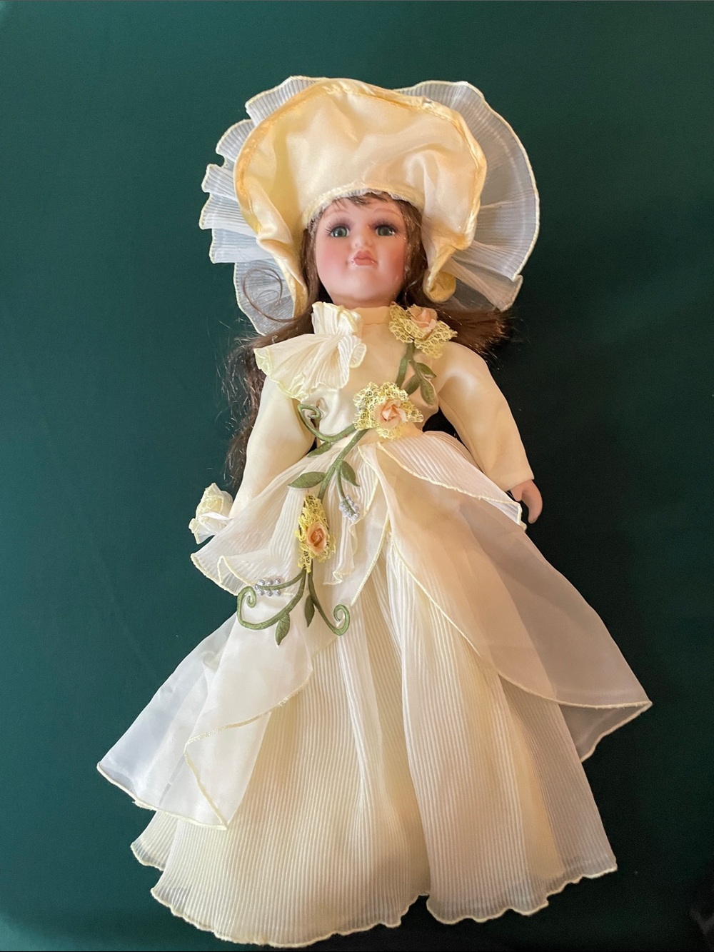 Porcelain Doll in Cream Dress with Bonnet - Elegant Kids Toy